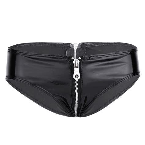 Black Womens Patent Leather Zipper Crotch Lingerie Shiny Low Rise