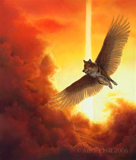 winged wolf flying  sunset art print   creature drawings