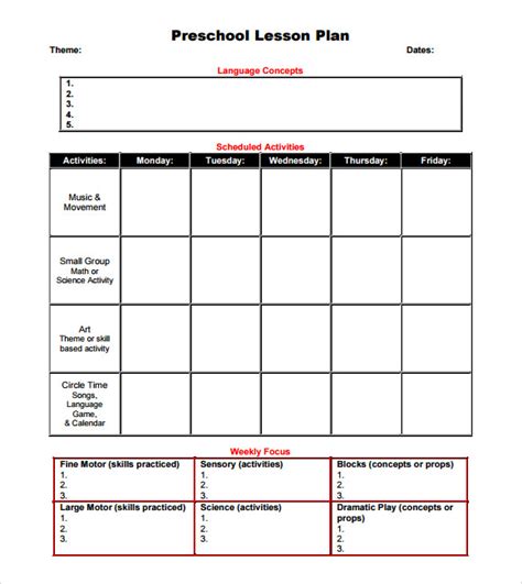 sample preschool lesson plans sample templates