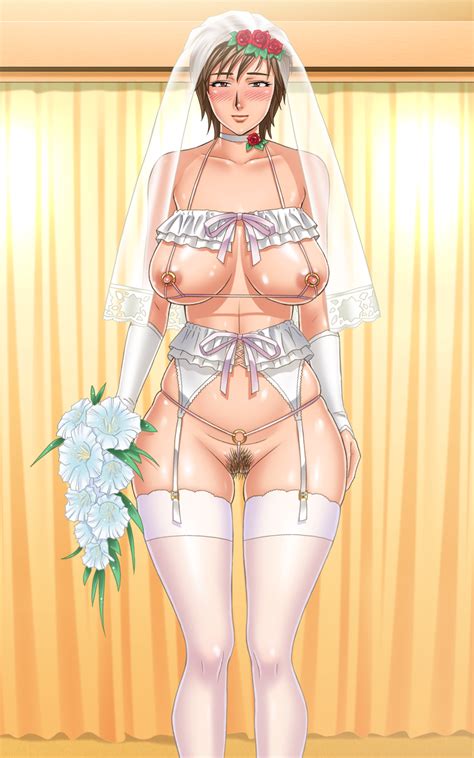 1girl blush breasts bride brown hair dress female flower game cg large breasts milf nipples no