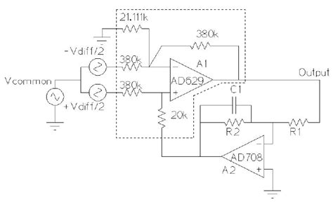 adjustable gain difference amplifier circuit measures hundreds  volts rejects large common