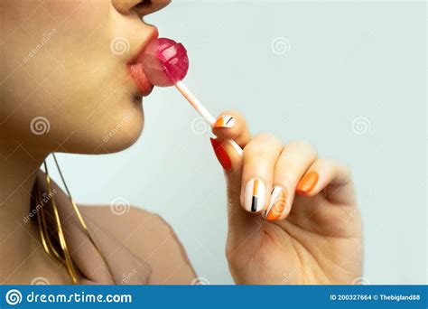 Close Up Girl Sucks Lollipop Woman Sucking Cute Sweet Candy Closeup