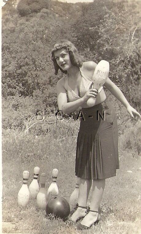 original 40s 50s vintage nude pinup rp bowling partner holds pin endowed bra ebay