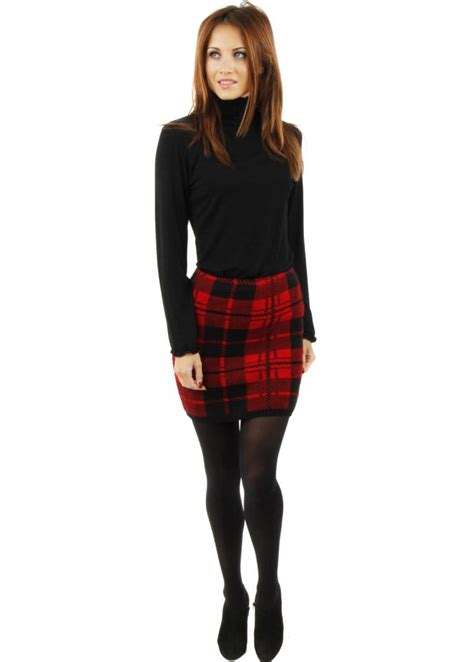 red tartan mini skirt chunky knitted skirt plaid print mini skirt