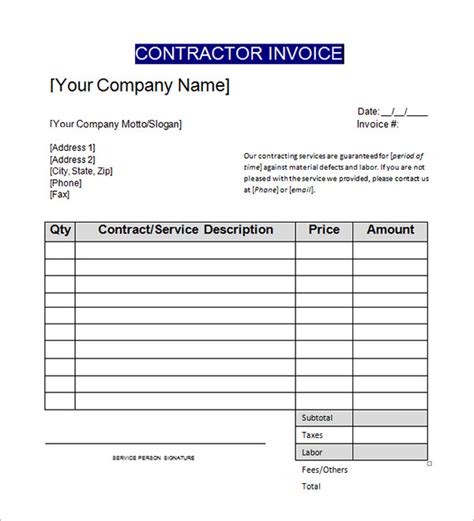 contractor invoice template excel invoice