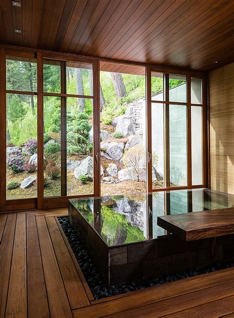 japanese design inspired pool house  spa showcases stunning lake views