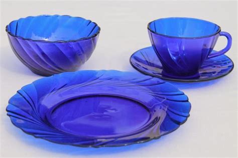 Vintage Cobalt Blue Glass Dishes Set For Four Duralex Rivage Swirl