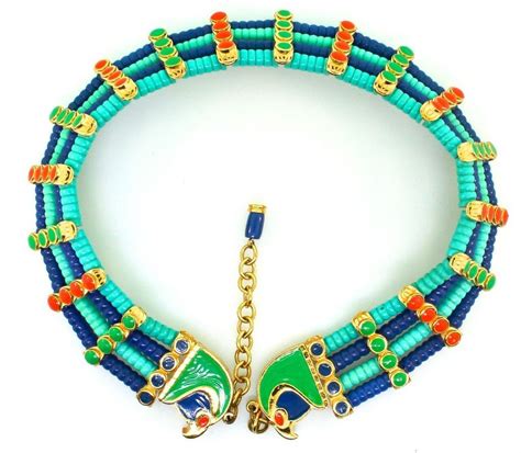 hattie carnegie falcon head egyptian revival glass bead enamel choker