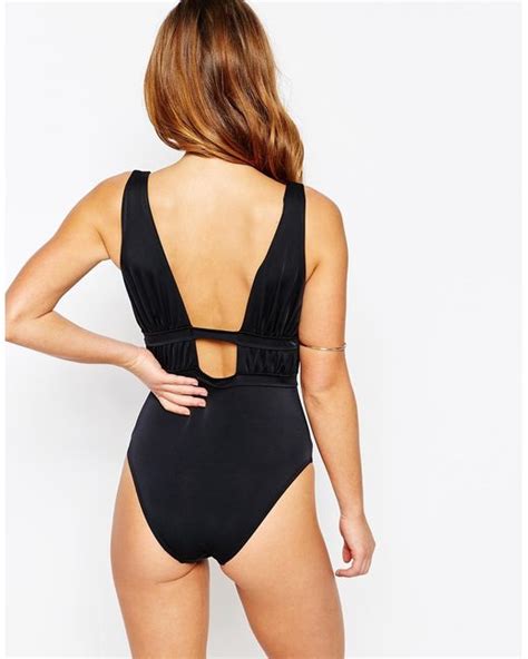 Asos Gathered Deep Plunge Swimsuit In Black Lyst