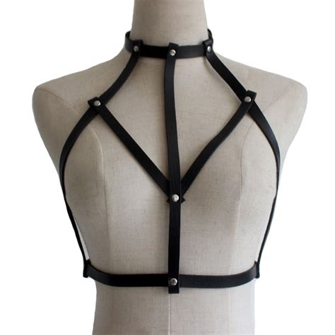 new leather goth lingerie elastic choker harness belt cage bra lingerie