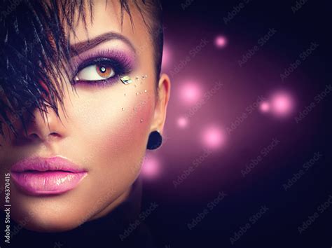 Sexy Model Girl Face Closeup With Holiday Bright Purple Makeup Stock