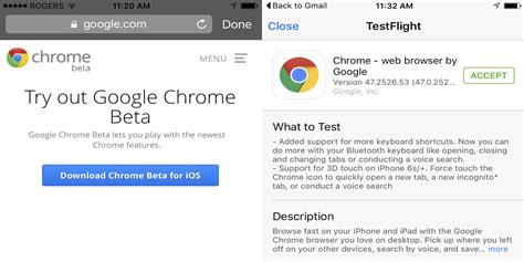 google launches chrome beta  ios  apples testflight  release adds  touch