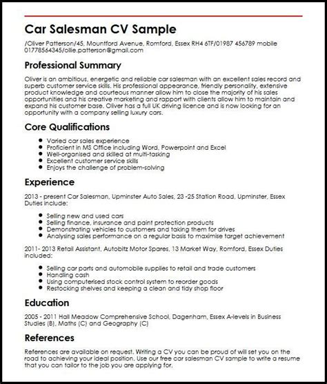 car salesman resume  cover letter sample  job application