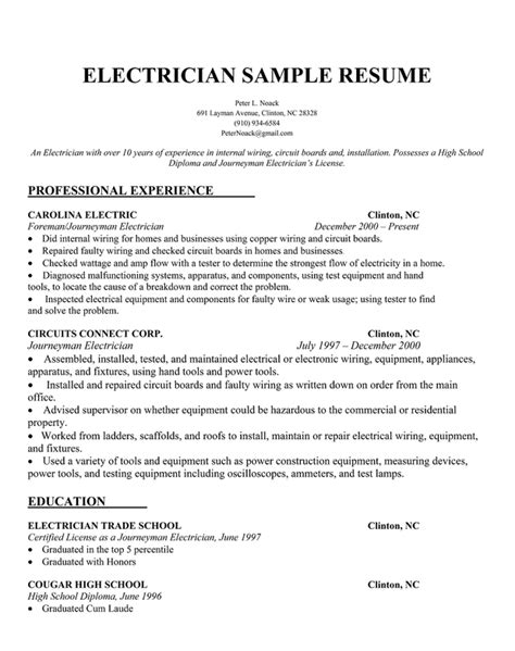 electrician resume samples sample resumes