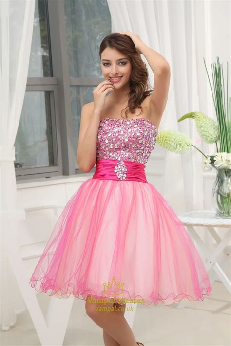 Hot Pink Short Strapless Prom Dresses Hot Pink Semi