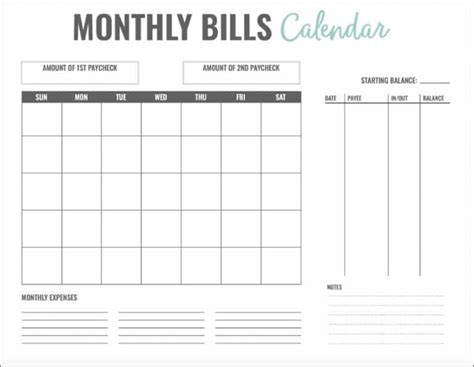 monthly bill calendar  improve  finances