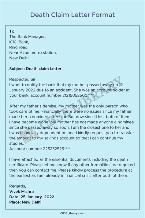death claim letter format  bank sample letters  format