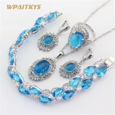 light blue crystal silver color jewelry sets  women party necklace pendant bracelets earrings