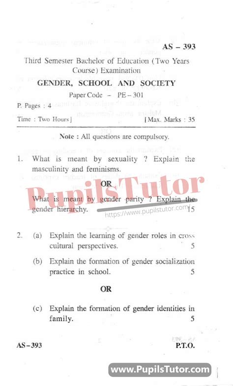 gender school  society question paper  bed