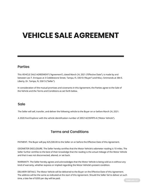 vehicle sale agreement template google docs word apple pages