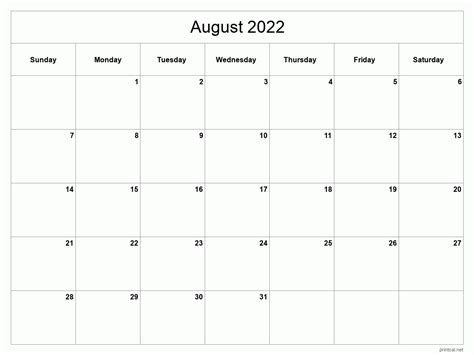 blank calendar august  printable
