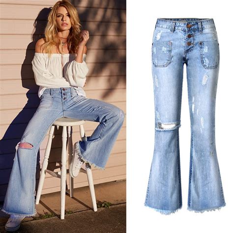 Hualong Women Fashion Ripped Low Rise Flare Jeans Online Store For