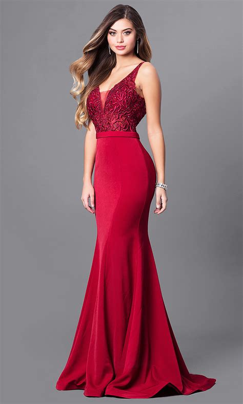 neck embroidered bodice long prom dress promgirl