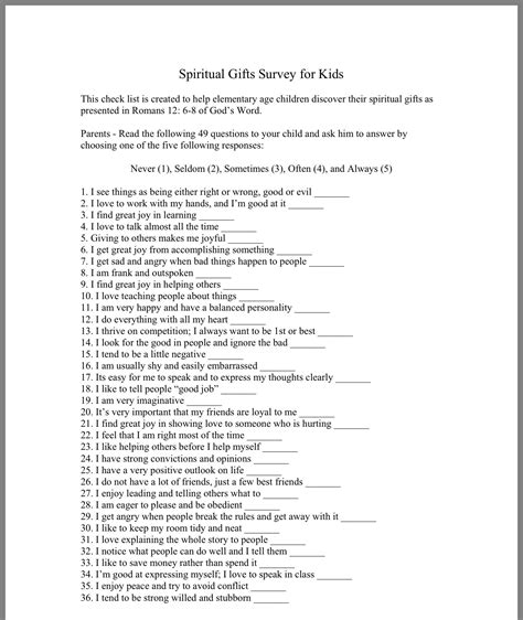 printable spiritual gifts test short  printable templates