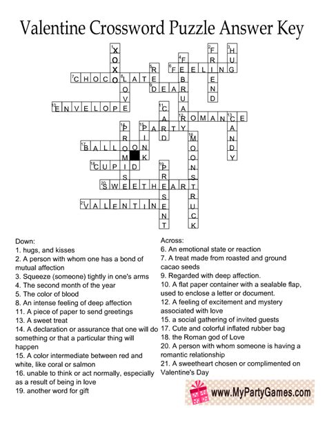 printable valentines day crossword puzzle  answer key
