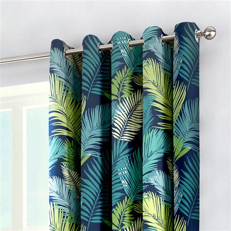 tropical palm leaf leaves teal green fully lined ring top curtains
