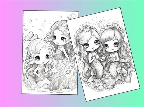 chibi mermaids coloring pages instant printable  etsy
