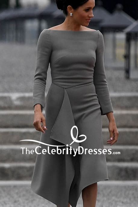 meghan markle gray cocktail dress with long sleeves thecelebritydresses