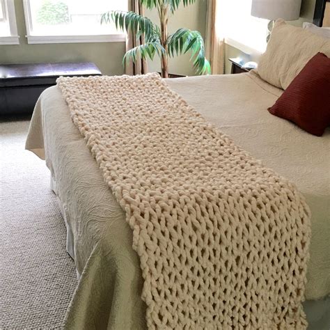bed runner fits    king  queen size bed chunky knit etsy arm knitting blanket