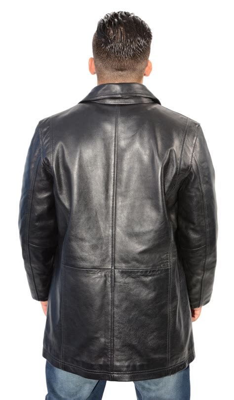 mens black  button soft lambskin leather car coat