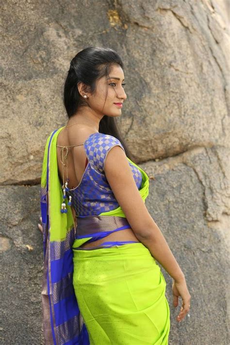 Telugu Model Sravani Yadav Hot Navel Hip Show In Green Saree Actress