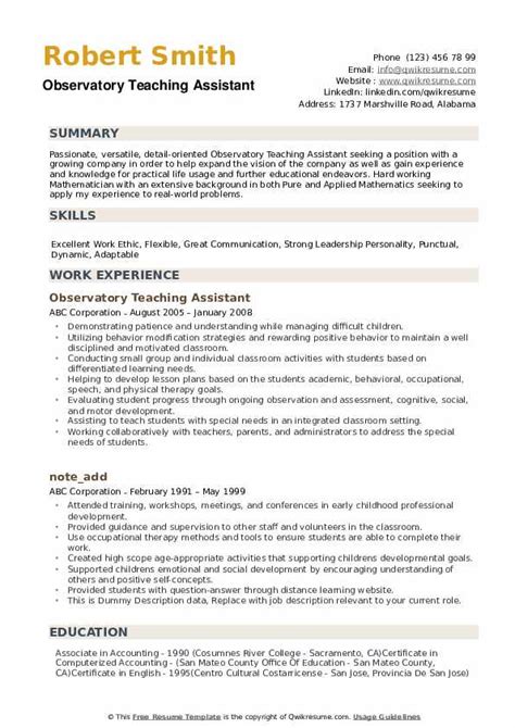 teaching assistant resume samples qwikresume