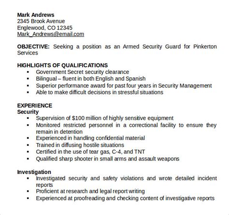 sample security guard resume templates   ms word