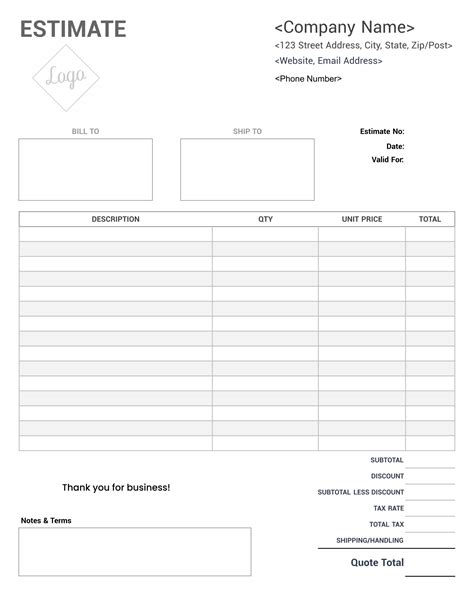 document template  printable estimate forms printable templates