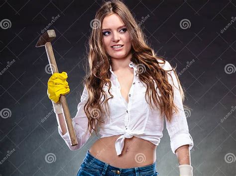 Alluring Woman Holding Hammer Feminism Stock Image Image Of Pretty