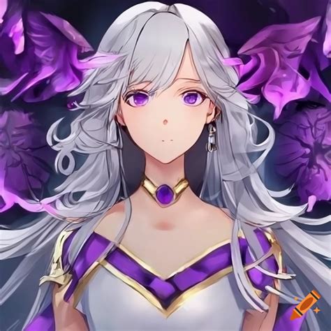 Anime Queen With Purple Eyes And Flowing Silver Hair