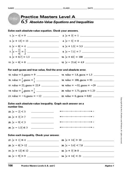 solving absolute  equations guided practice worksheet answer key