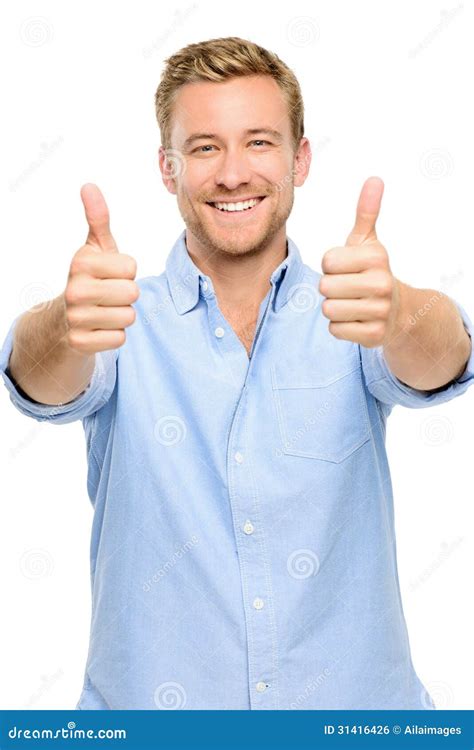 happy man thumbs  sign full length portrait  white background stock