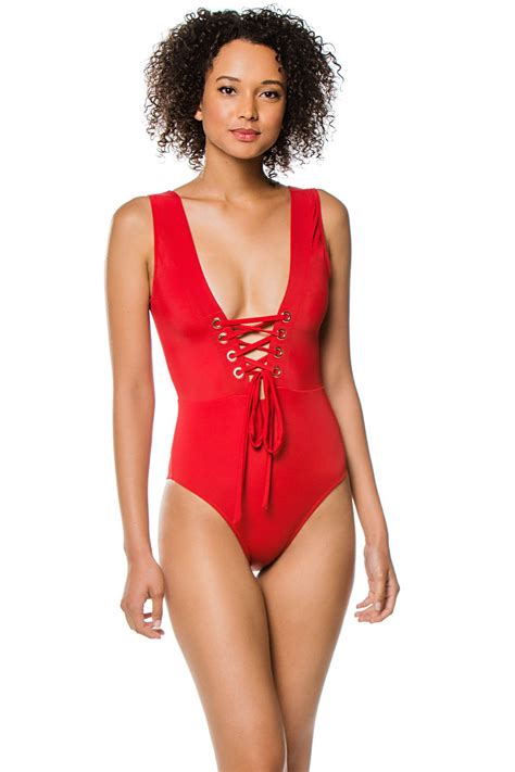 Marie Daring Lace Up Plunge One Piece Swimsuit Red 1 Swimwear