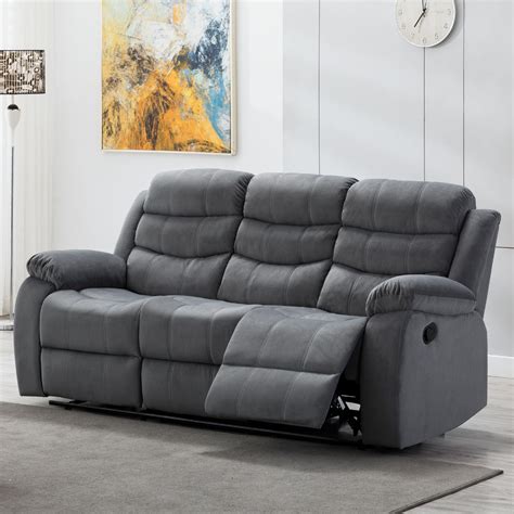 jim collection contemporary living room upholstered reclining sofa   recliners grey