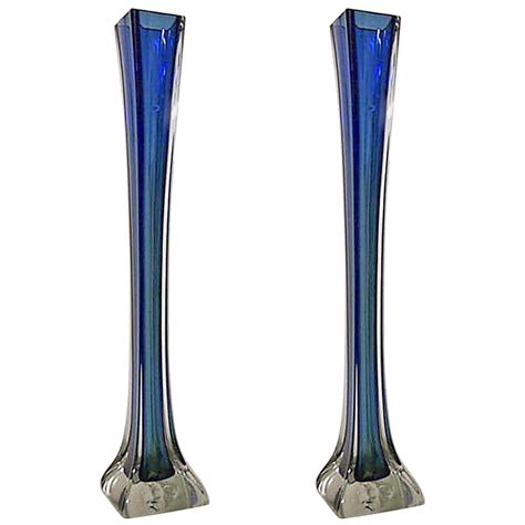 Pair Of American Art Deco Tall Blue Glass Vases At 1stdibs