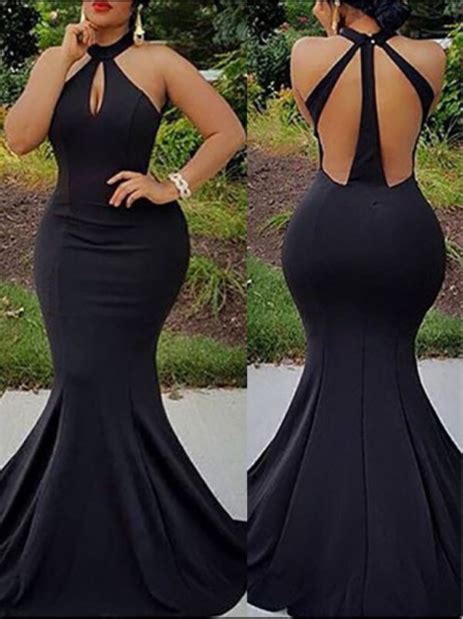 Sexy Black Mermaid Prom Dresses Halter Keyhole Neckline Long Evening