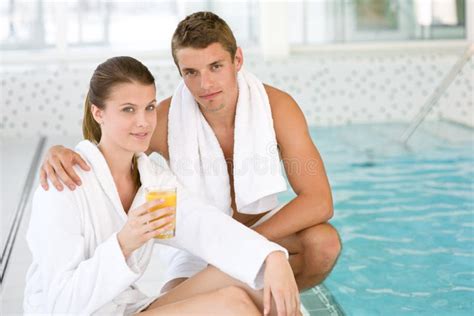 luxury spa young sportive couple relax  pool stock photo image