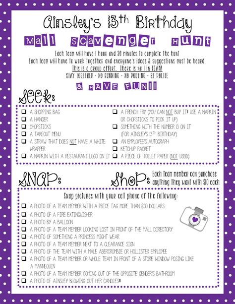 mall scavenger hunt list by simplymelvelous on etsy