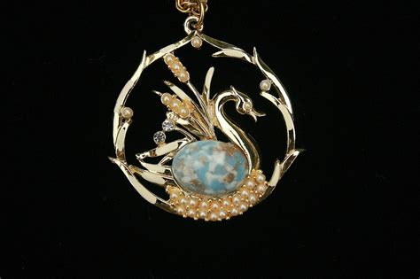 vintage swan pendant necklace faux pearls  occasion etsy