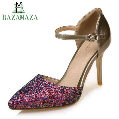 razamaza size 30 48 office lady high heel sandals ankle strap shine